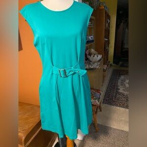 Teal Belted Cotton Sleeveless A-Line Dress